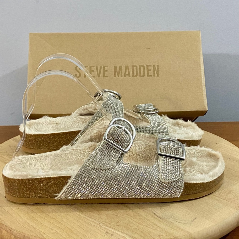 Steve Madden Lenna Rhinestone Faux Fur Slide Sandals Double Buckle Women's Sz 9